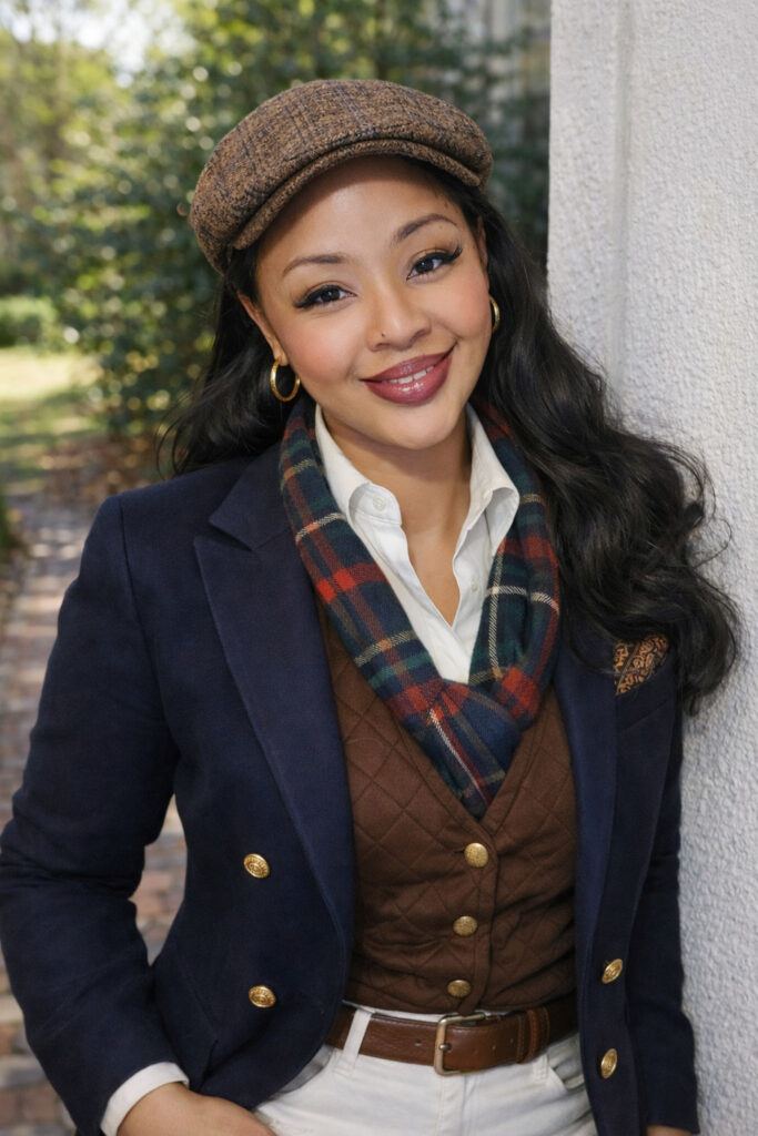 Kenise Taylor standing outdoors in a classic blazer and scarf, smiling confidently in a natural setting.